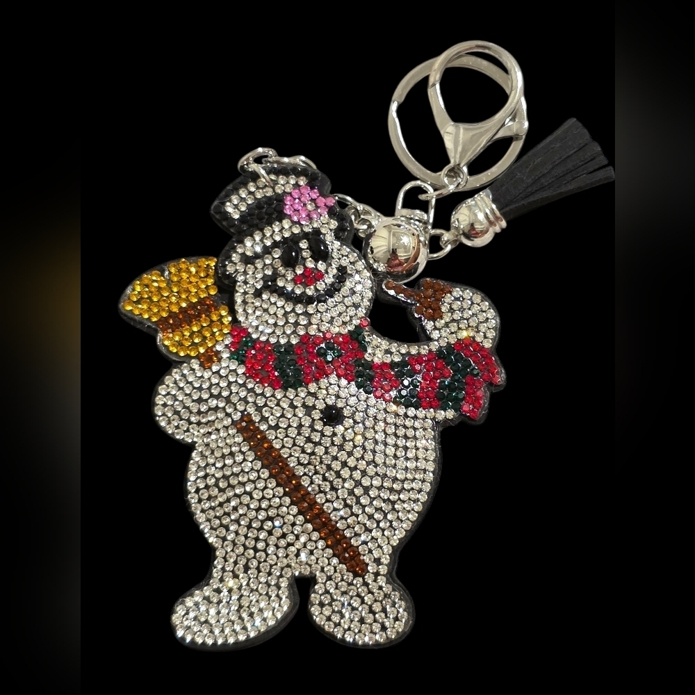 Festive Frosty Snowman Rhinestone Bag Charm Keychain